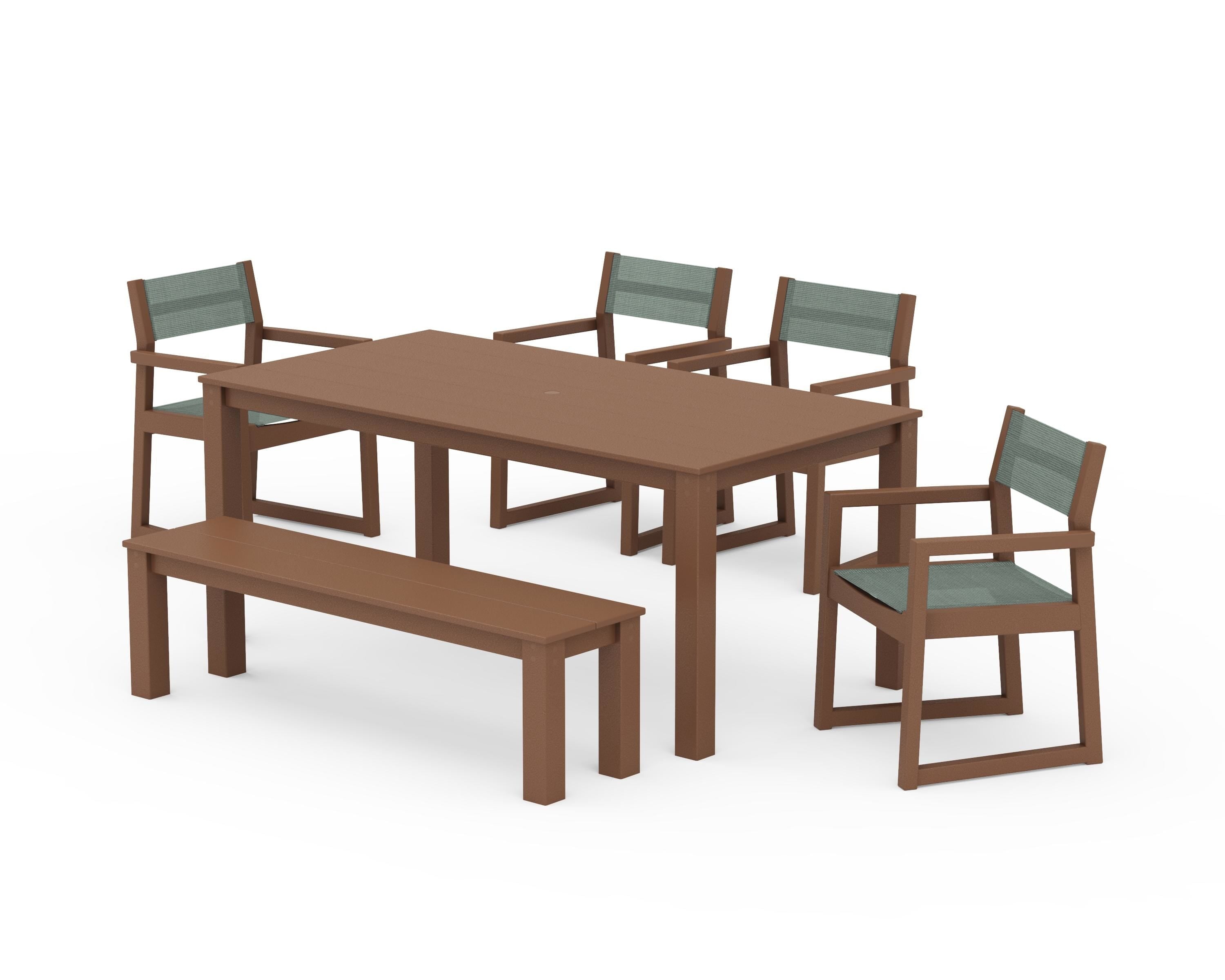 POLYWOOD® EDGE Sling Arm Chair 6-Piece Parsons Dining Set with Bench in Teak / Dupioni Sea Mist Sling