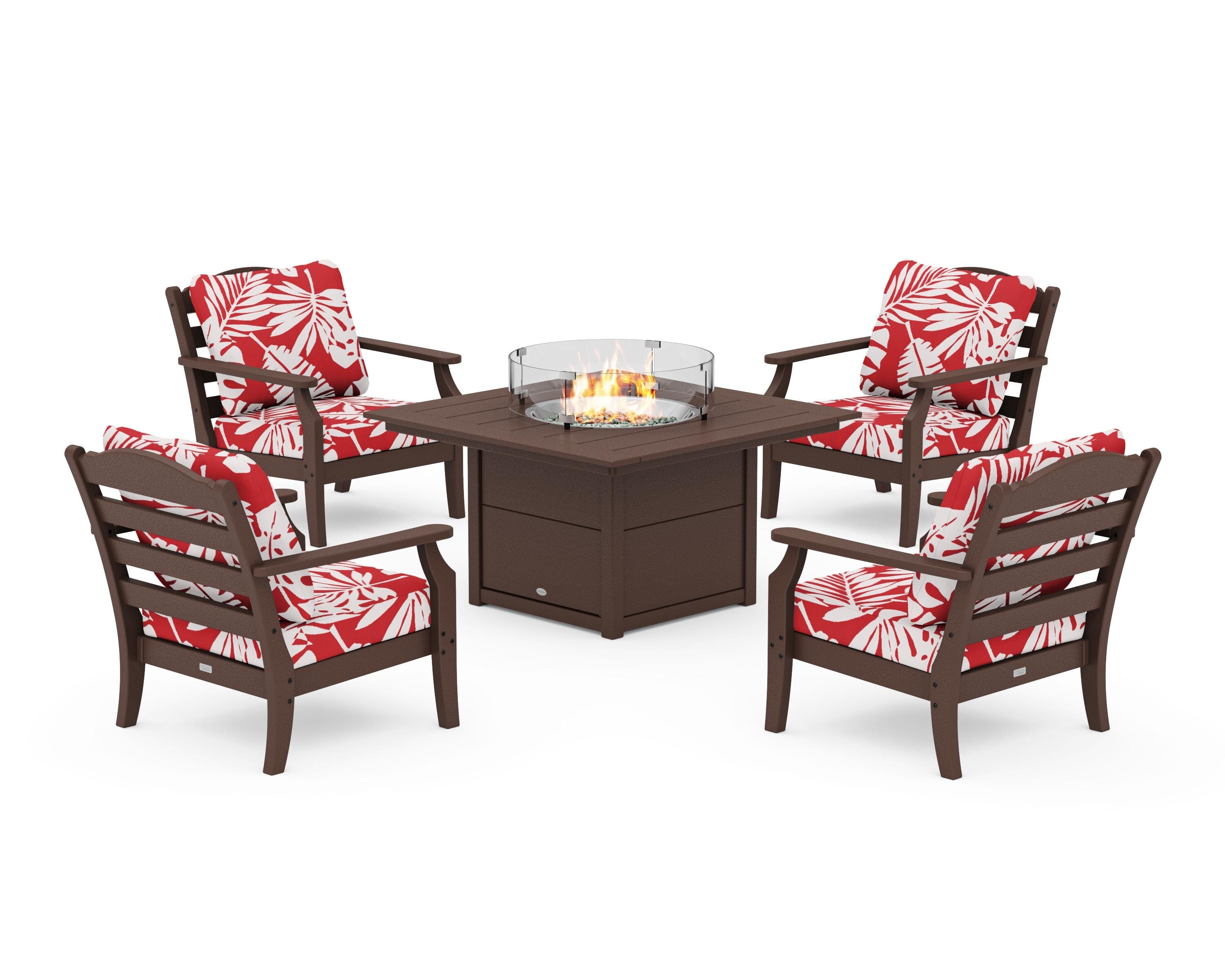 Draper James™ by  POLYWOOD® Savannah 5-Piece Deep Seating Set with Fire Pit Table in Mahogany / Leaf Crimson
