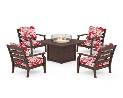 Draper James™ by  POLYWOOD® Savannah 5-Piece Deep Seating Set with Fire Pit Table in Mahogany / Leaf Crimson