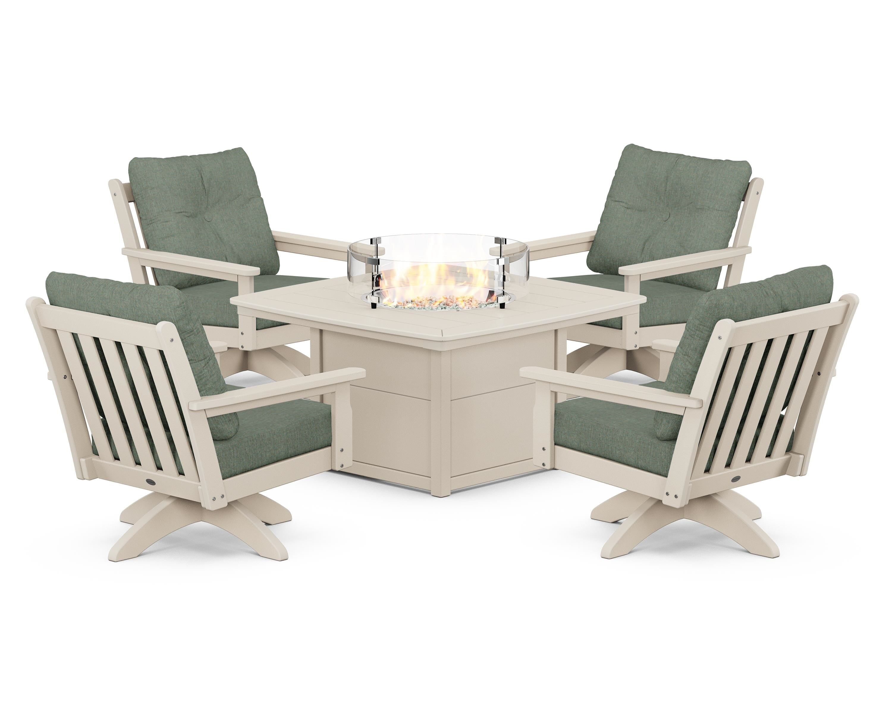 POLYWOOD® Vineyard 5-Piece Deep Seating Swivel Conversation Set with Fire Pit Table in Sand / Cast Sage