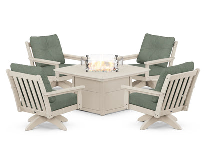 POLYWOOD® Vineyard 5-Piece Deep Seating Swivel Conversation Set with Fire Pit Table in Sand / Cast Sage