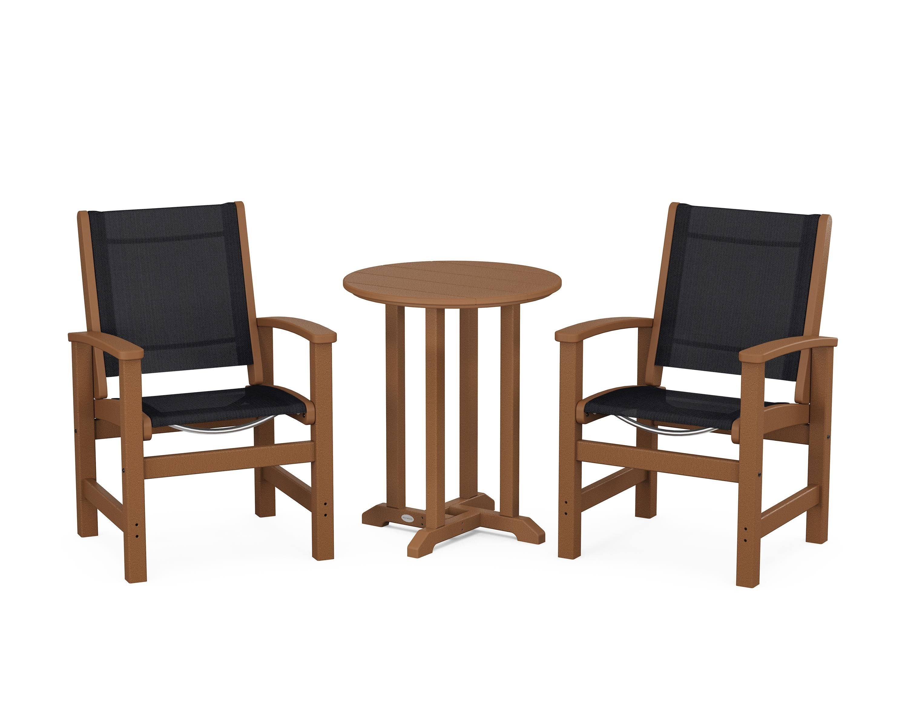 POLYWOOD® Coastal 3-Piece Round Bistro Dining Set in Teak / Black Sling