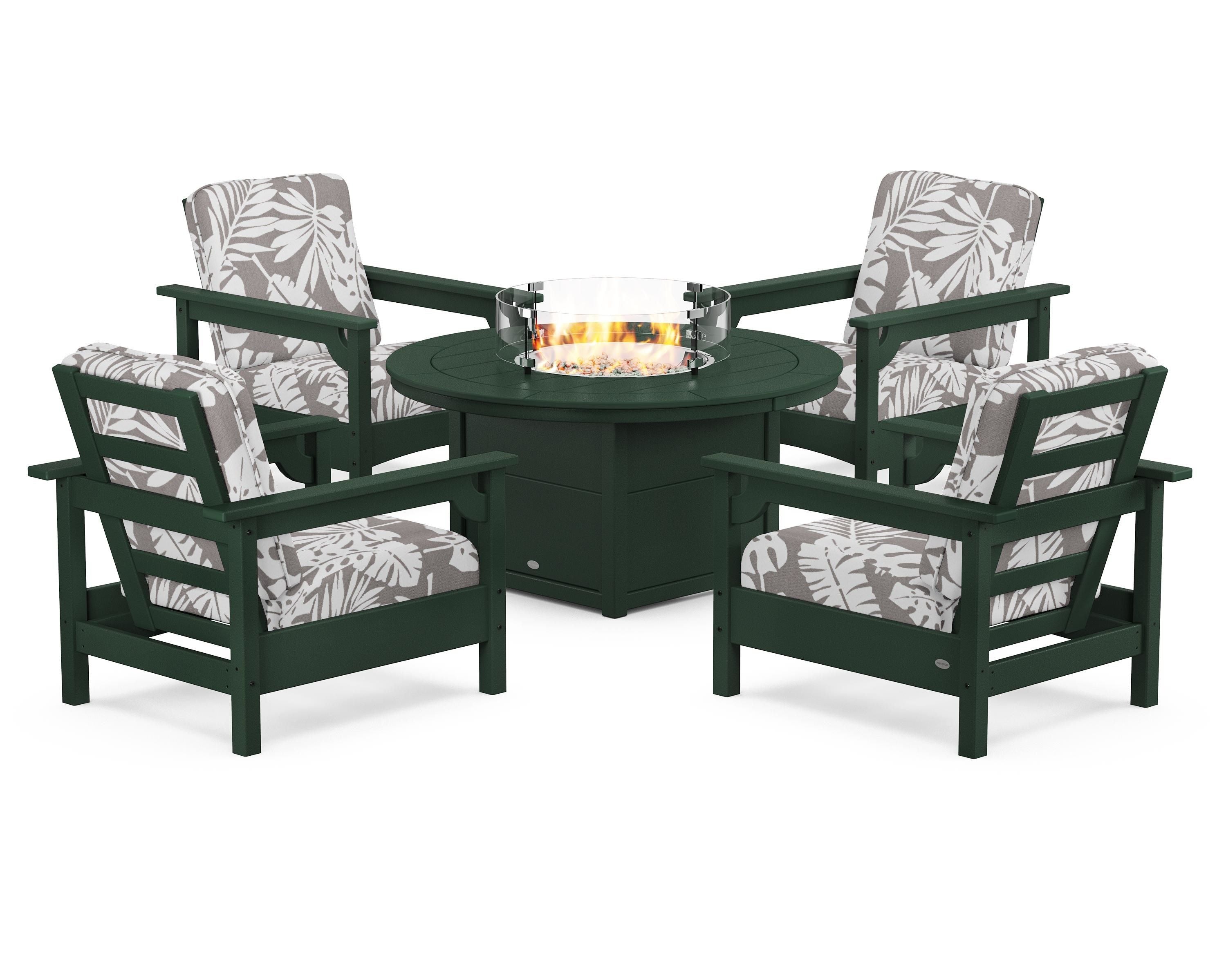 POLYWOOD® Club 5-Piece Conversation Set with Fire Pit Table in Green / Leaf Grey Mist