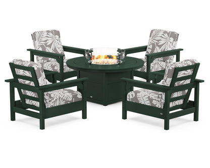 POLYWOOD® Club 5-Piece Conversation Set with Fire Pit Table in Green / Leaf Grey Mist