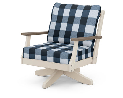 POLYWOOD® Braxton Deep Seating Swivel Chair in Sand / Kona / Buffalo Plaid Marine Indigo