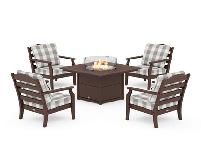 Draper James™ by  POLYWOOD® Savannah 5-Piece Deep Seating Set with Fire Pit Table in Mahogany / Buffalo Plaid Grey Mist