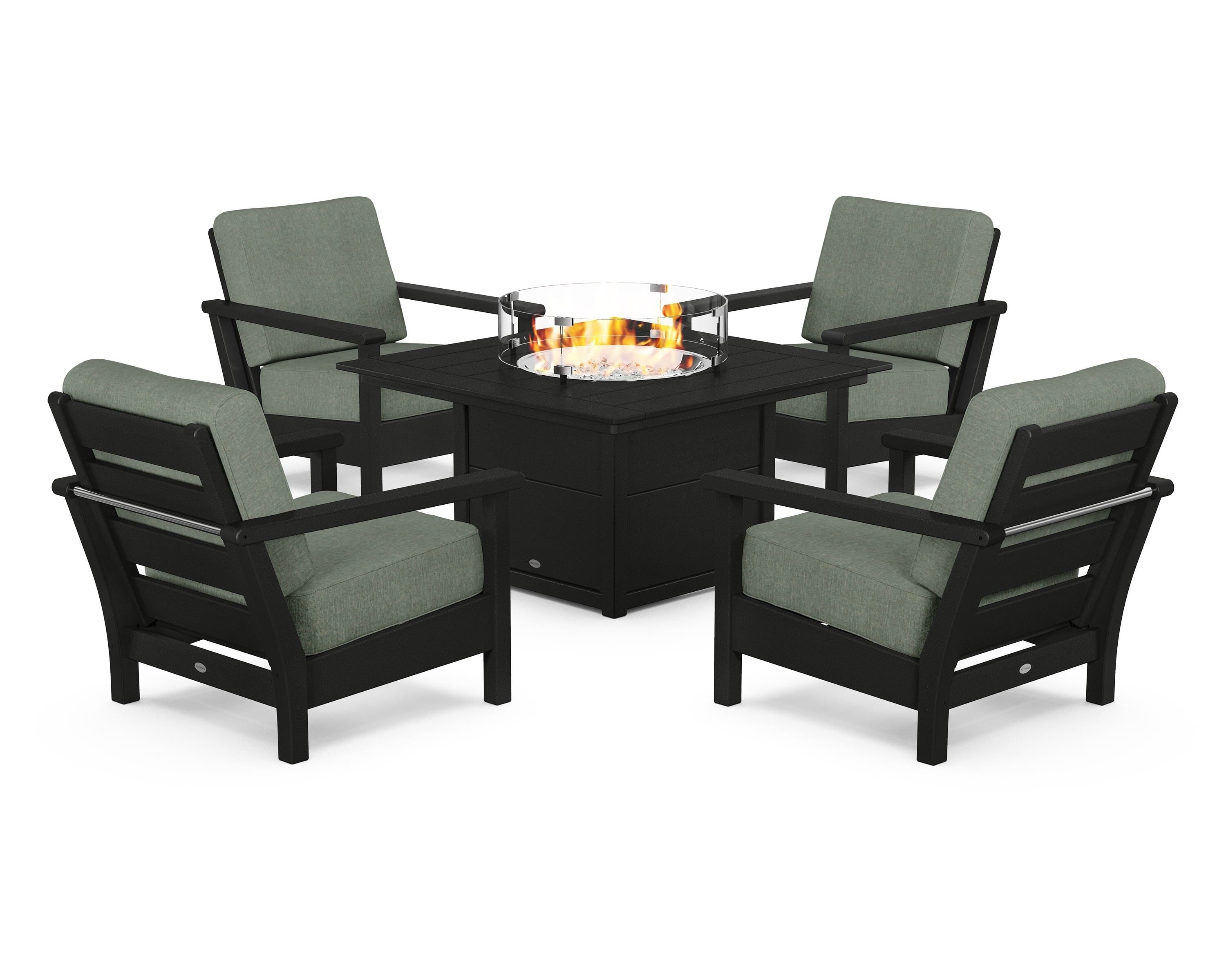 POLYWOOD® Harbour 5-Piece Conversation Set with Fire Pit Table in Black / Cast Sage