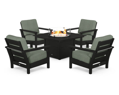 POLYWOOD® Harbour 5-Piece Conversation Set with Fire Pit Table in Black / Cast Sage