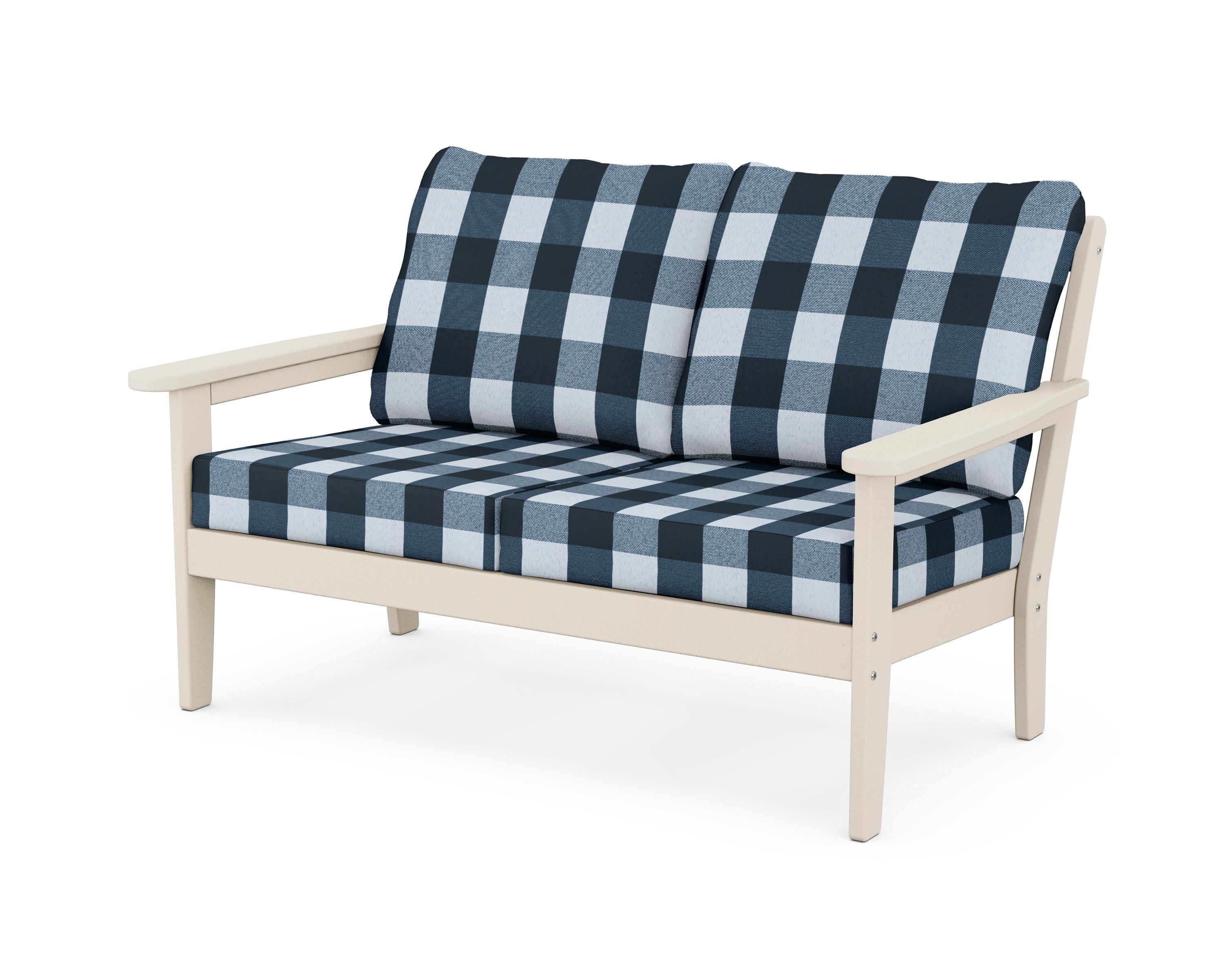 Country Living Cottage Deep Seating Loveseat in Sand / Buffalo Plaid Marine Indigo