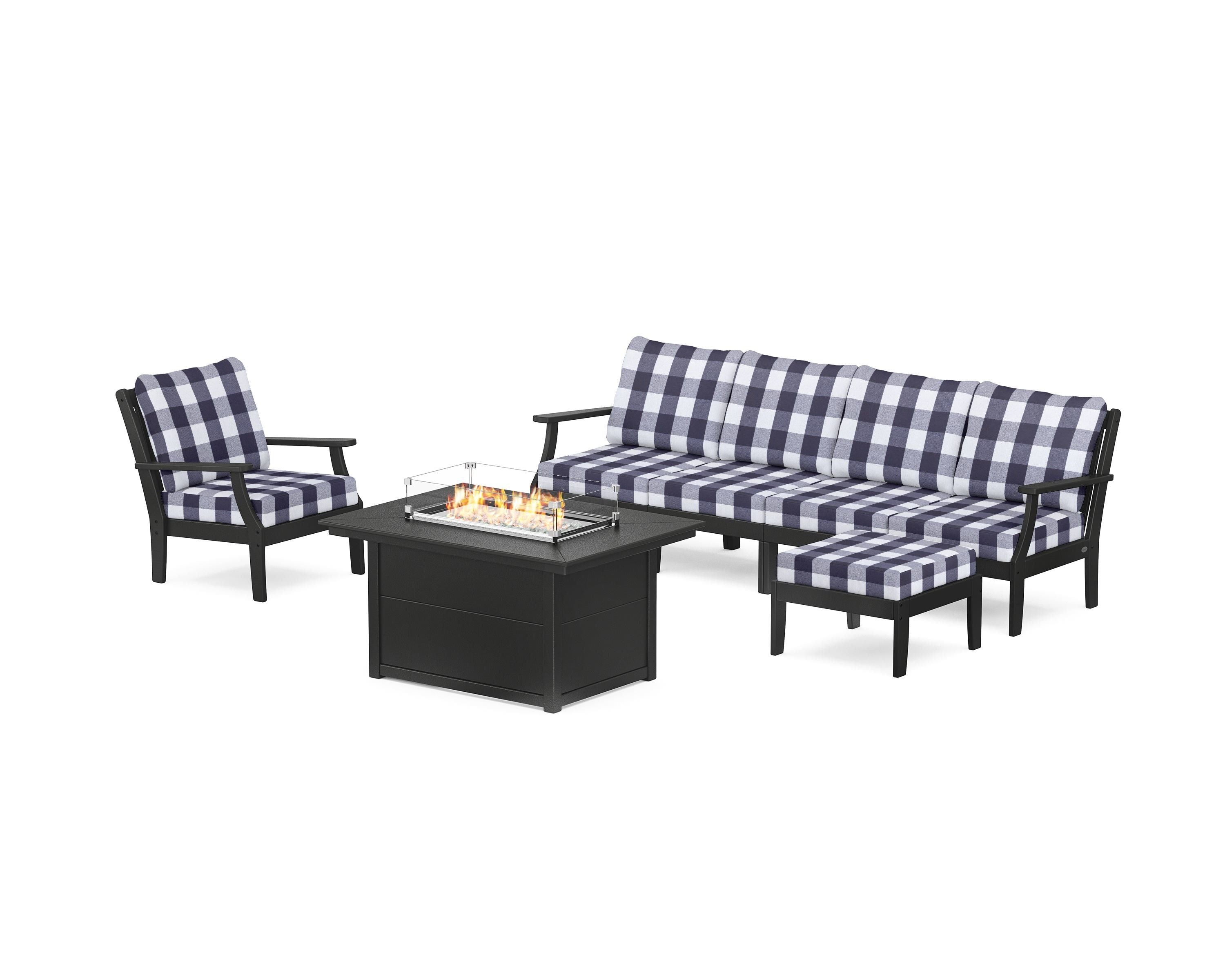 POLYWOOD® Braxton Sectional Lounge and Fire Pit Set in Black / Buffalo Plaid Navy