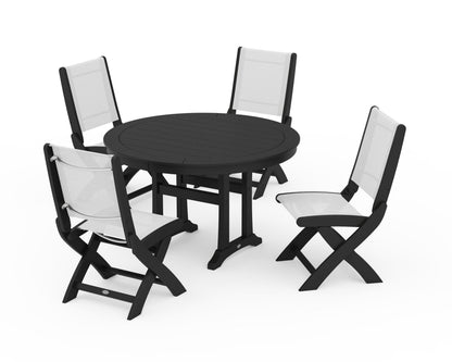 POLYWOOD® Coastal Folding Side Chair 5-Piece Round Dining Set With Trestle Legs in Black / White Sling