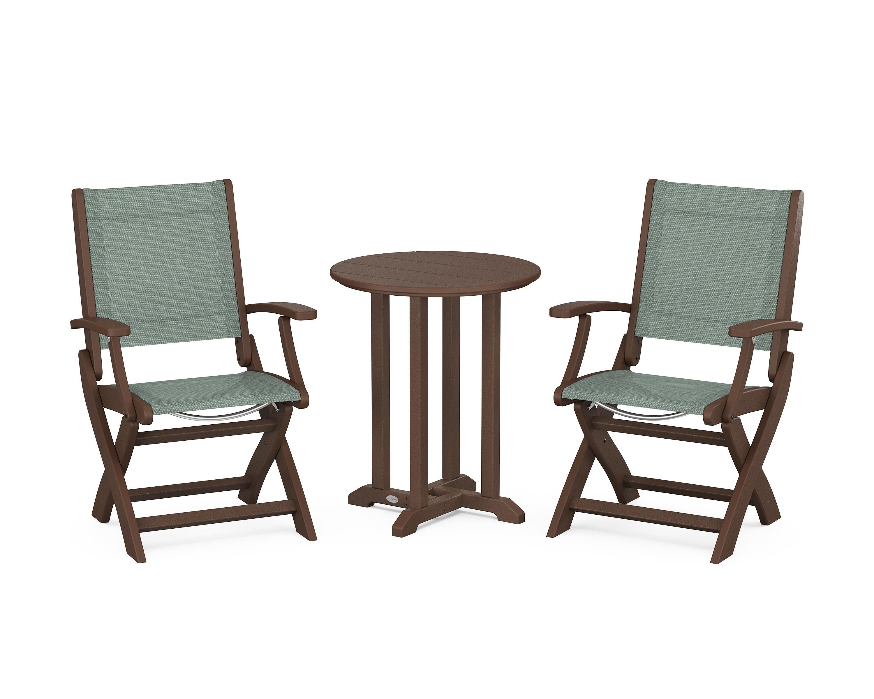 POLYWOOD® Coastal Folding 3-Piece Round Bistro Dining Set in Mahogany / Dupioni Sea Mist Sling