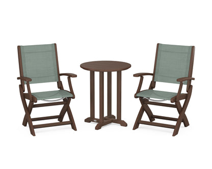 POLYWOOD® Coastal Folding 3-Piece Round Bistro Dining Set in Mahogany / Dupioni Sea Mist Sling
