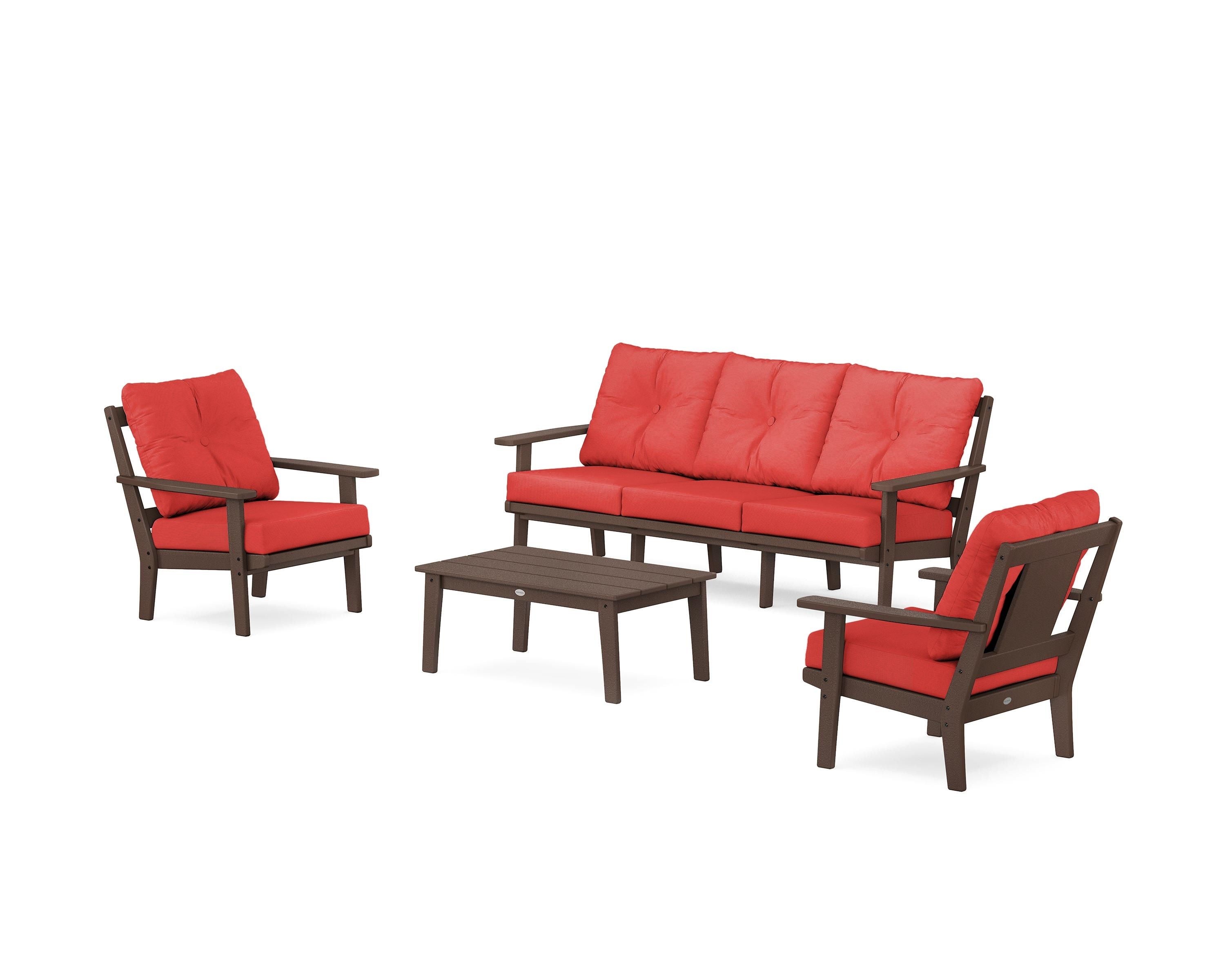 POLYWOOD® Prairie 4-Piece Deep Seating Set with Sofa in Mahogany / Crimson Linen