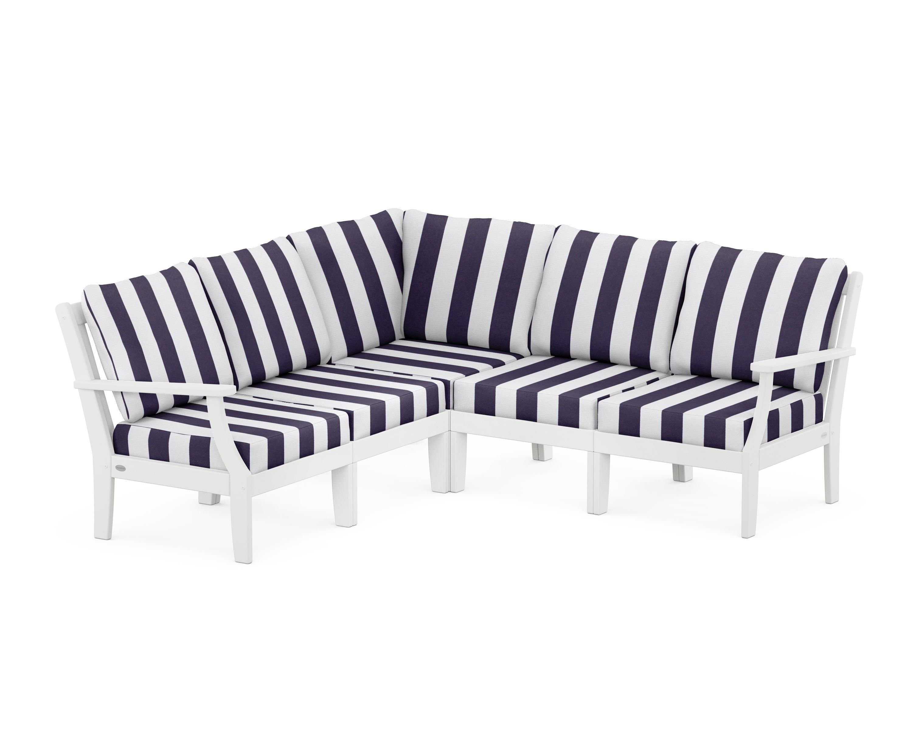 POLYWOOD® Braxton Modular 5-Piece Deep Seating Set in White / Cabana Stripe Navy