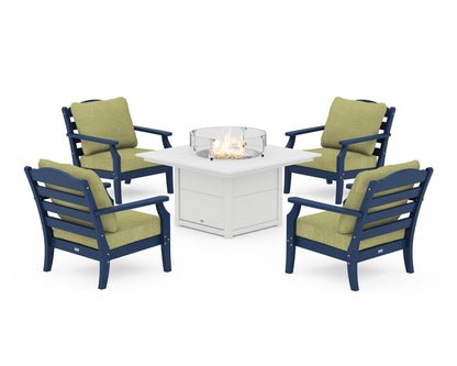 Draper James™ by  POLYWOOD® Savannah 5-Piece Deep Seating Set with Fire Pit Table in Navy / Chartreuse Boucle