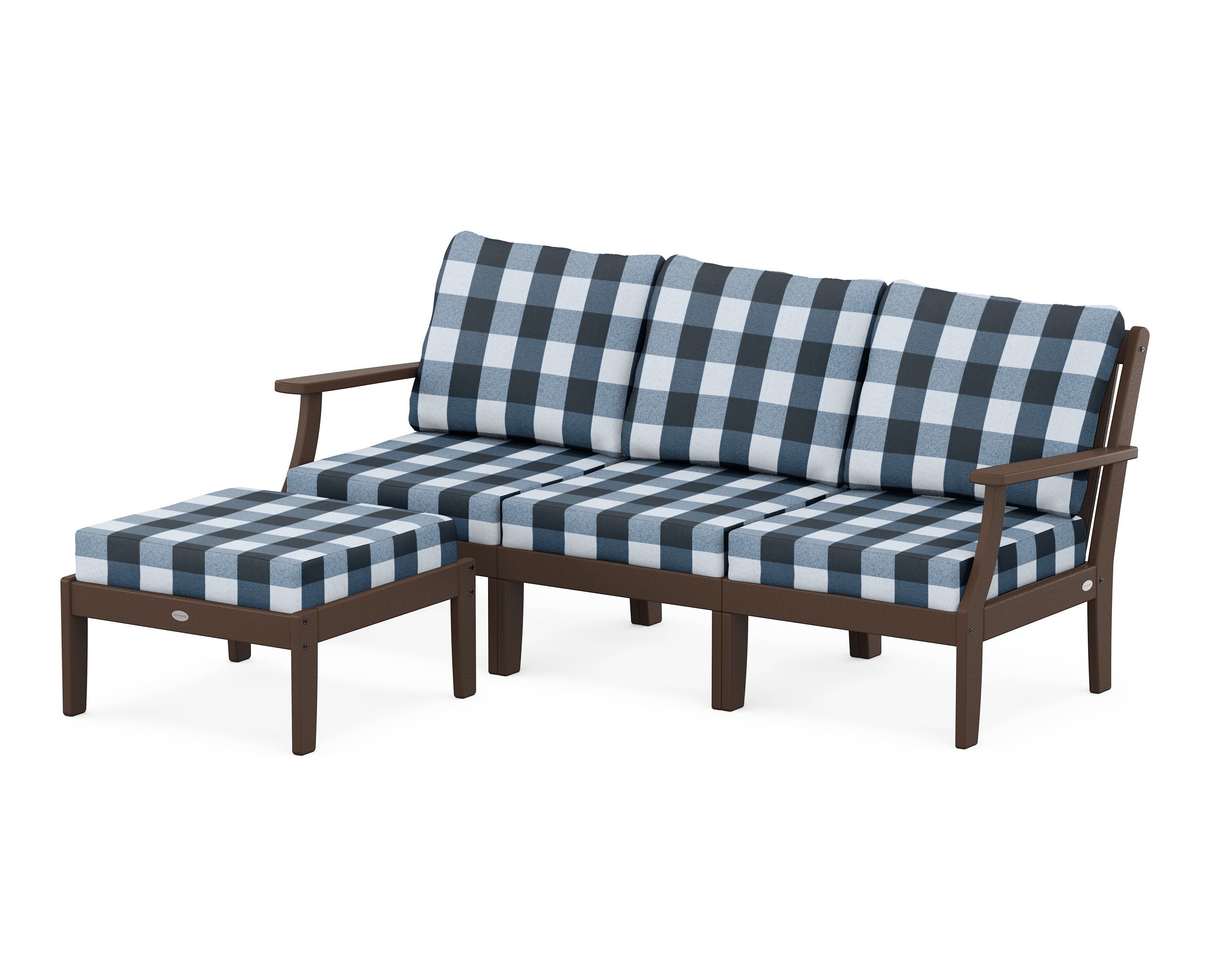 POLYWOOD® Braxton Modular 4-Piece Deep Seating Set with Ottoman in Mahogany / Buffalo Plaid Marine Indigo