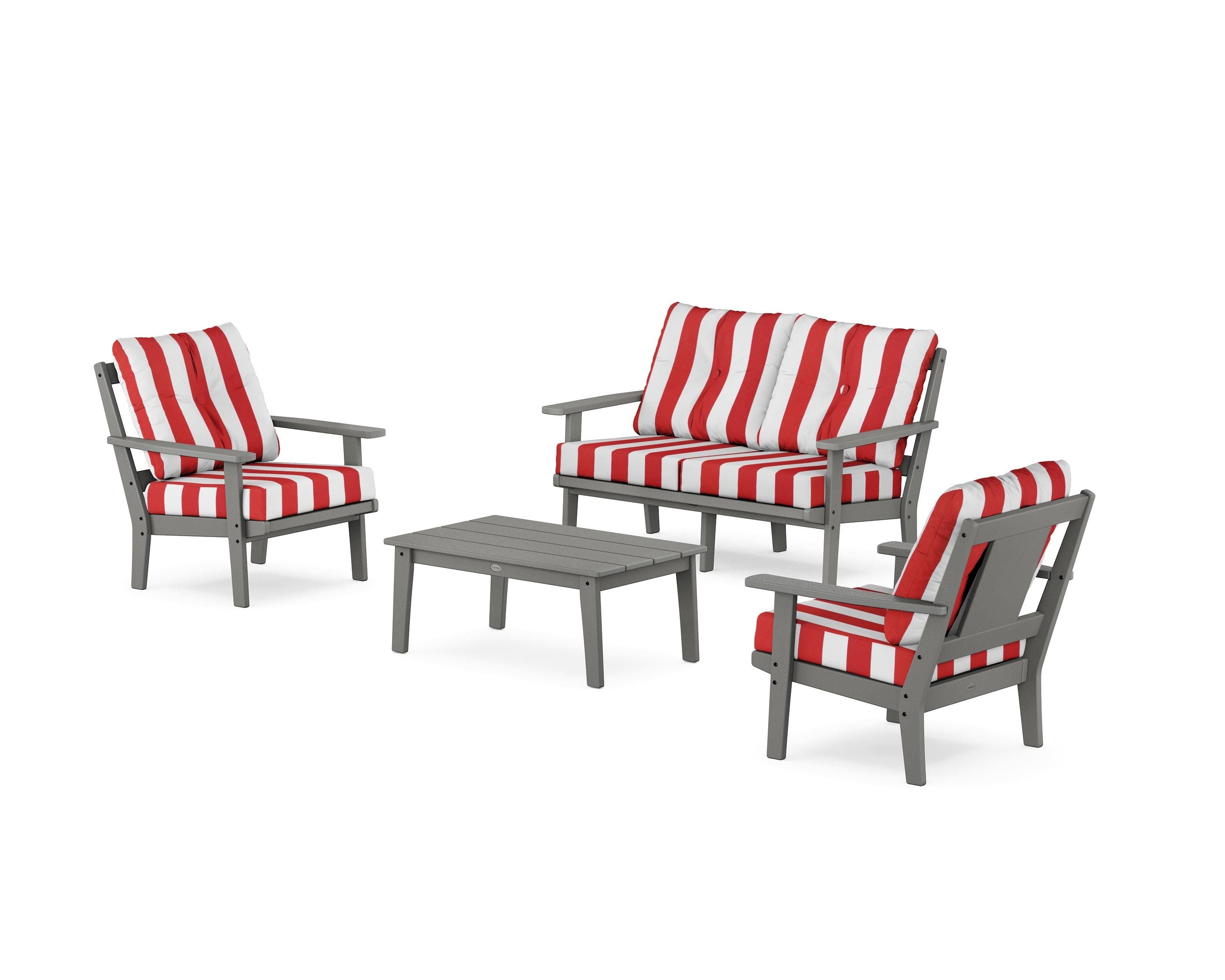 POLYWOOD® Prairie 4-Piece Deep Seating Set with Loveseat in Slate Grey / Cabana Stripe Crimson