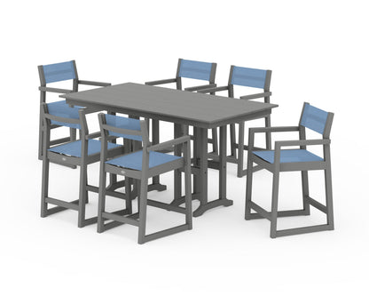 POLYWOOD® EDGE Sling Arm Chair 7-Piece Farmhouse Counter Set in Slate Grey / Poolside Sling