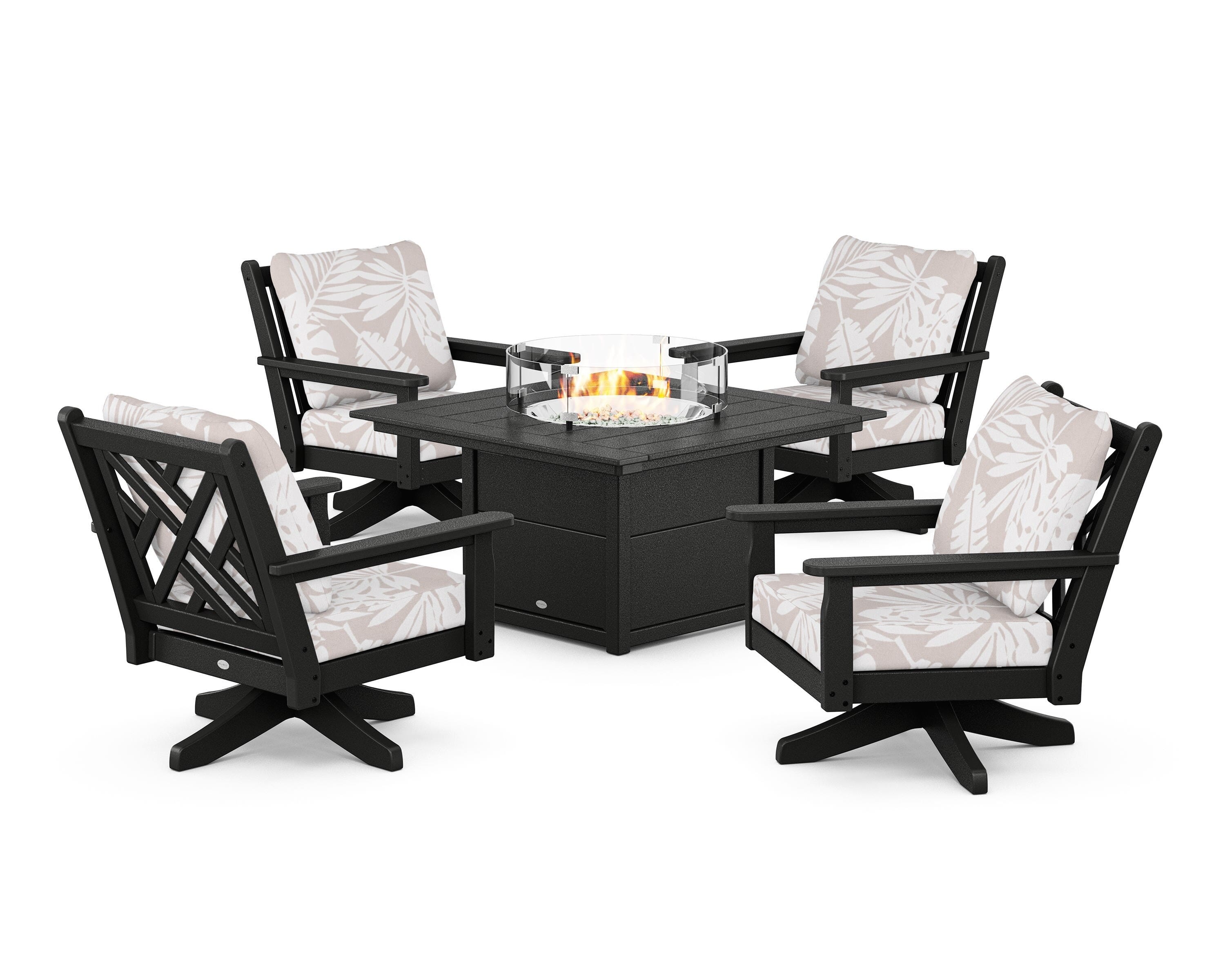 POLYWOOD® Chippendale 5-Piece Deep Seating Swivel Conversation Set with Fire Pit Table in Black / Leaf Dune Burlap