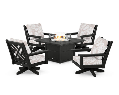 POLYWOOD® Chippendale 5-Piece Deep Seating Swivel Conversation Set with Fire Pit Table in Black / Leaf Dune Burlap