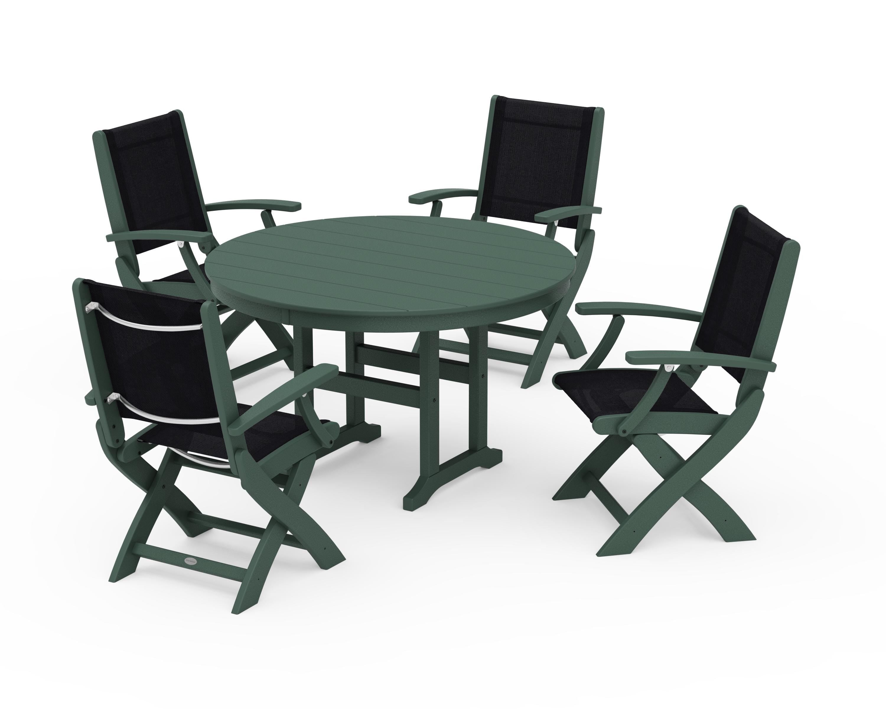 POLYWOOD® Coastal Folding Chair 5-Piece Round Dining Set in Green / Black Sling