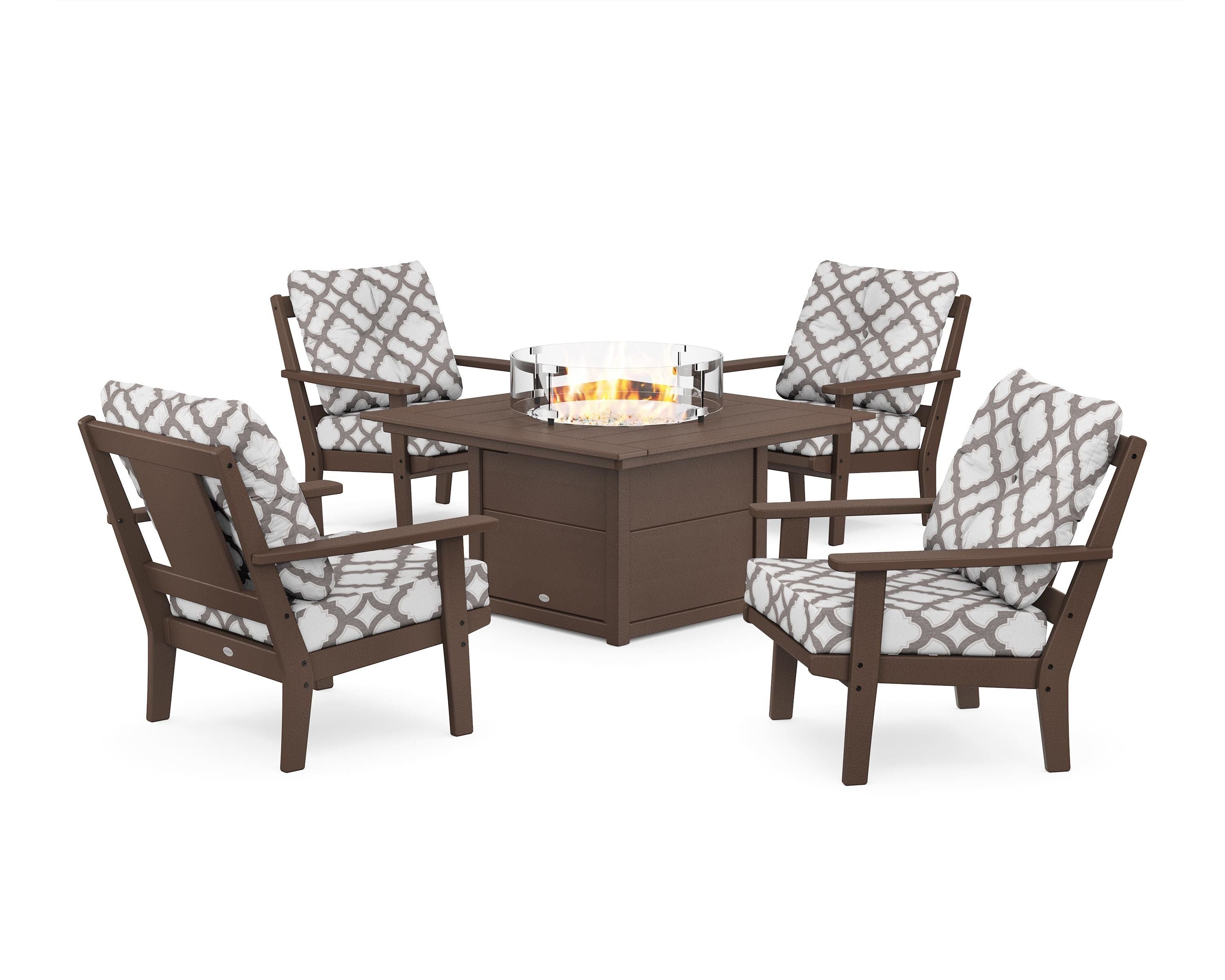 POLYWOOD® Prairie 5-Piece Deep Seating Set with Fire Pit Table in Mahogany / Trellis Grey Mist