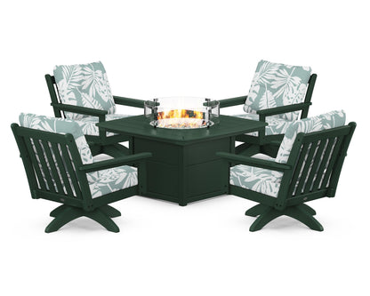 POLYWOOD® Vineyard 5-Piece Deep Seating Swivel Conversation Set with Fire Pit Table in Green / Leaf Glacier Spa