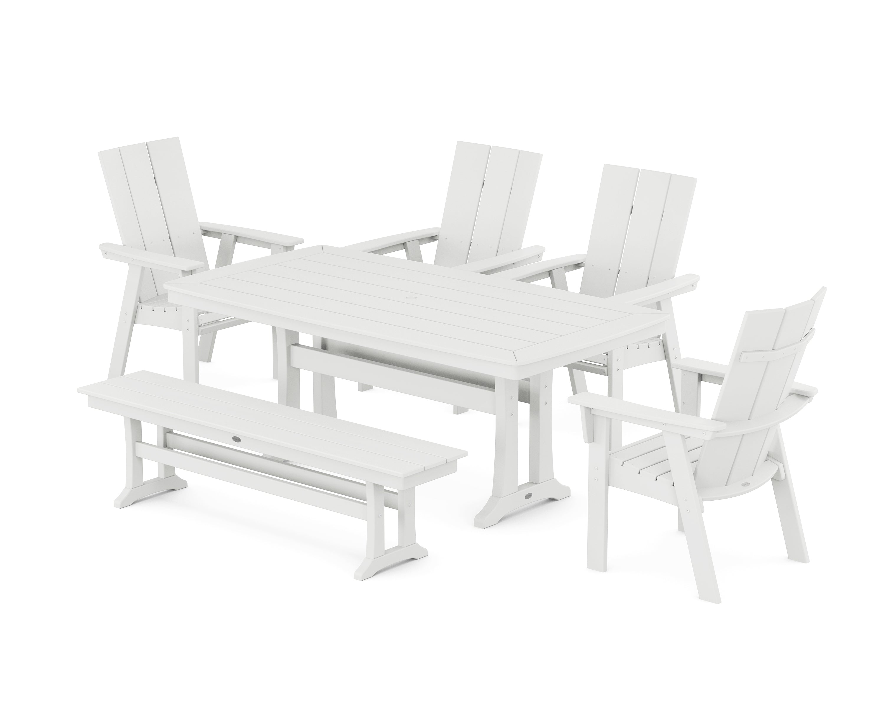 POLYWOOD® Modern Curveback Adirondack 6-Piece Farmhouse Dining Set with Trestle Legs and Bench in White