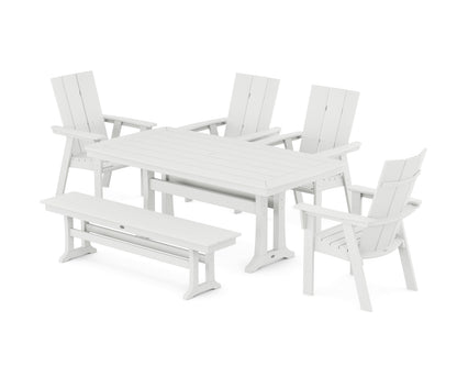 POLYWOOD® Modern Curveback Adirondack 6-Piece Farmhouse Dining Set with Trestle Legs and Bench in White