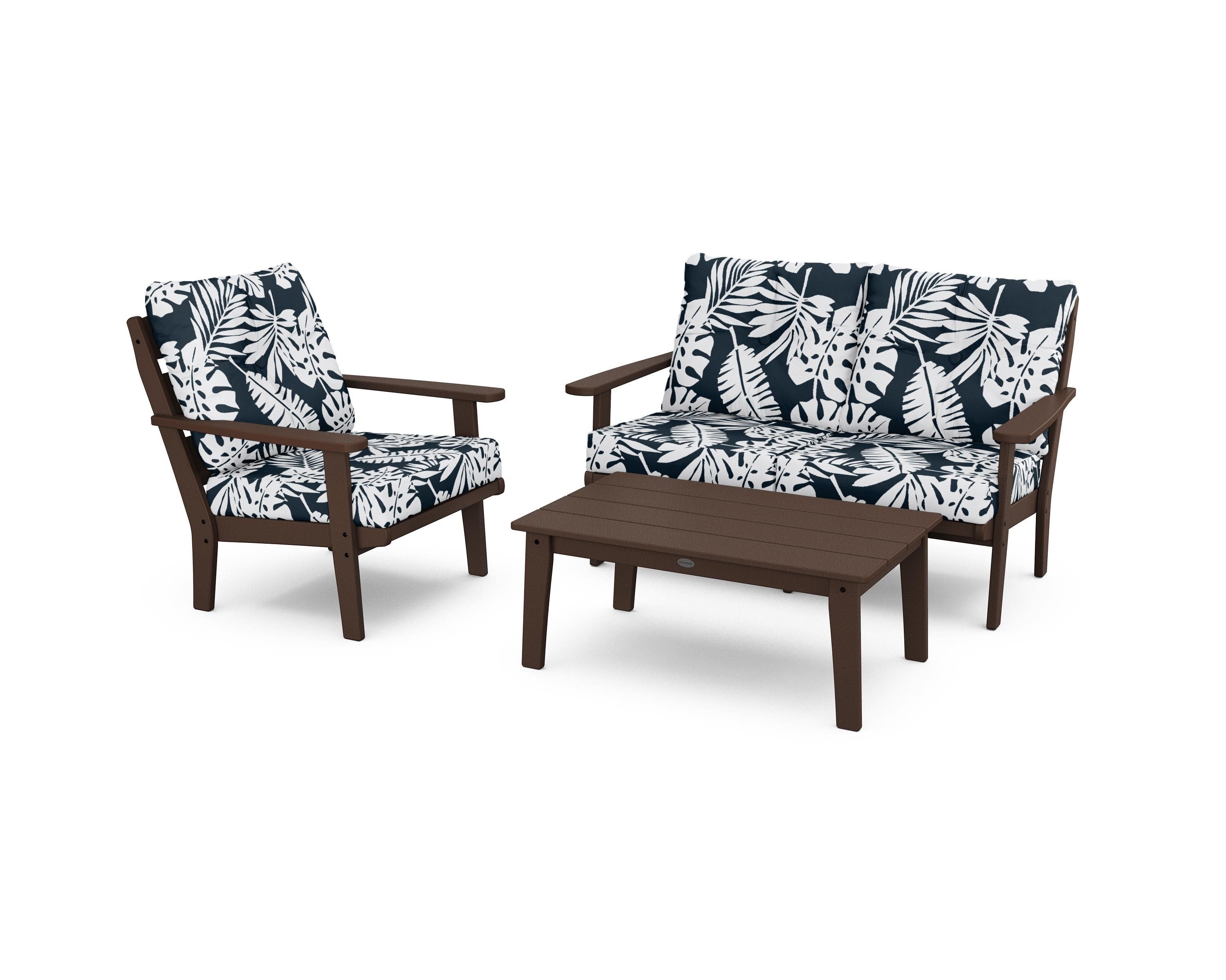 POLYWOOD® Lakeside 3-Piece Deep Seating Set in Mahogany / Leaf Marine Indigo