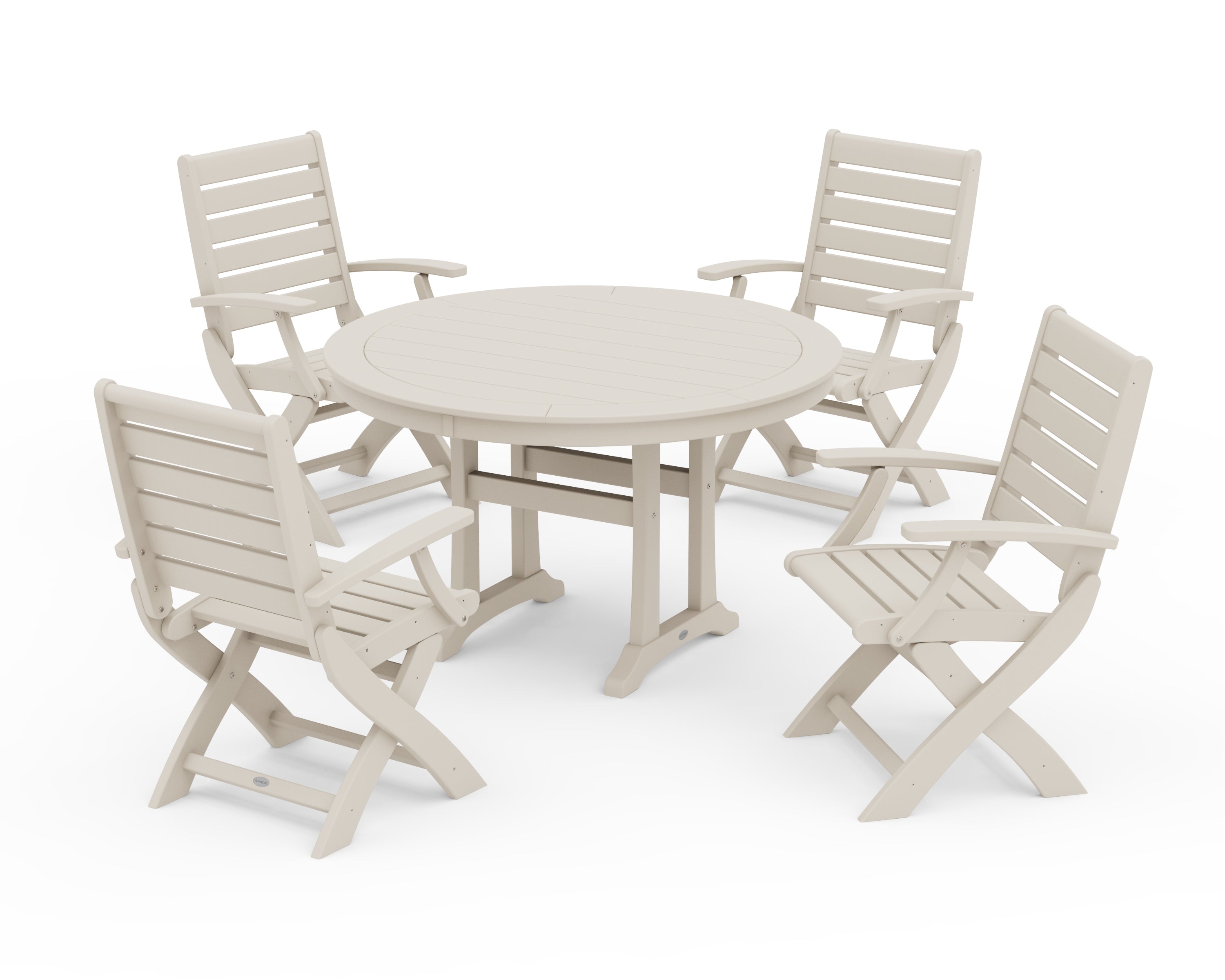 POLYWOOD® Signature Folding Chair 5-Piece Round Dining Set with Trestle Legs in Sand
