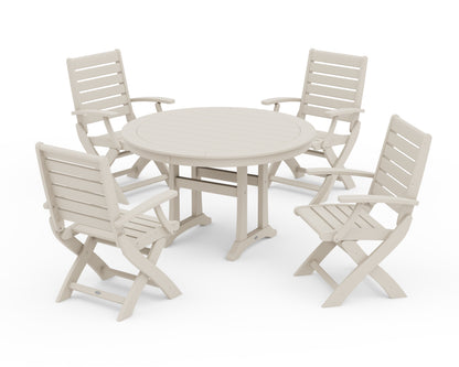 POLYWOOD® Signature Folding Chair 5-Piece Round Dining Set with Trestle Legs in Sand