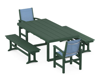 POLYWOOD® Coastal 5-Piece Dining Set with Trestle Legs in Green / Poolside Sling