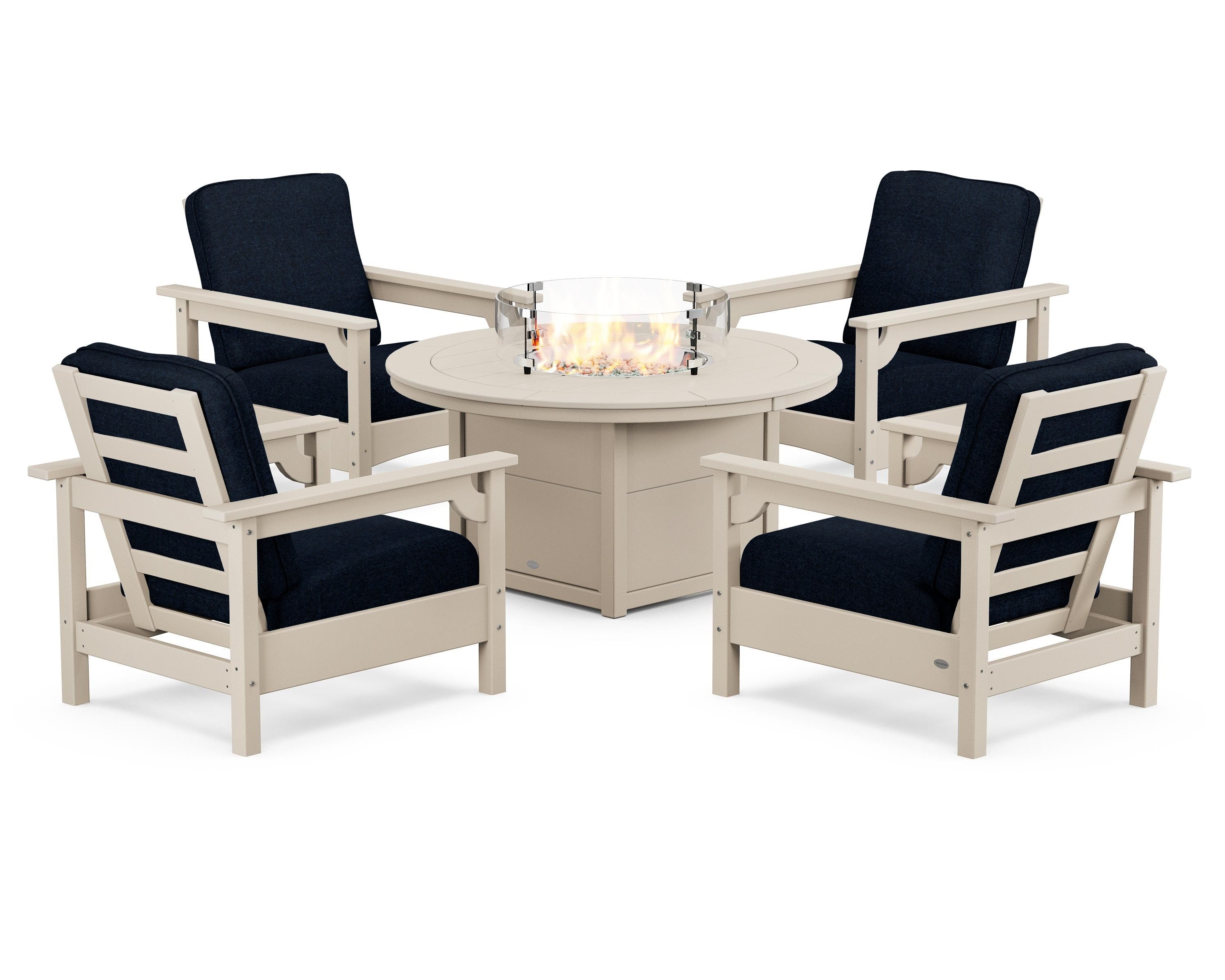 POLYWOOD® Club 5-Piece Conversation Set with Fire Pit Table in Sand / Marine Indigo