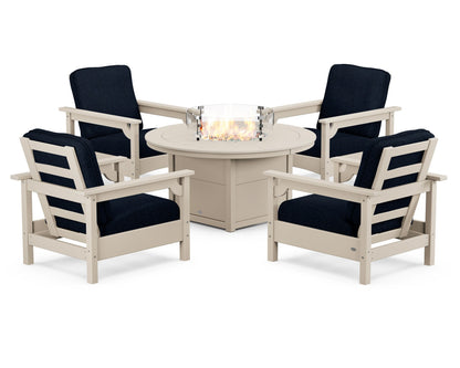 POLYWOOD® Club 5-Piece Conversation Set with Fire Pit Table in Sand / Marine Indigo