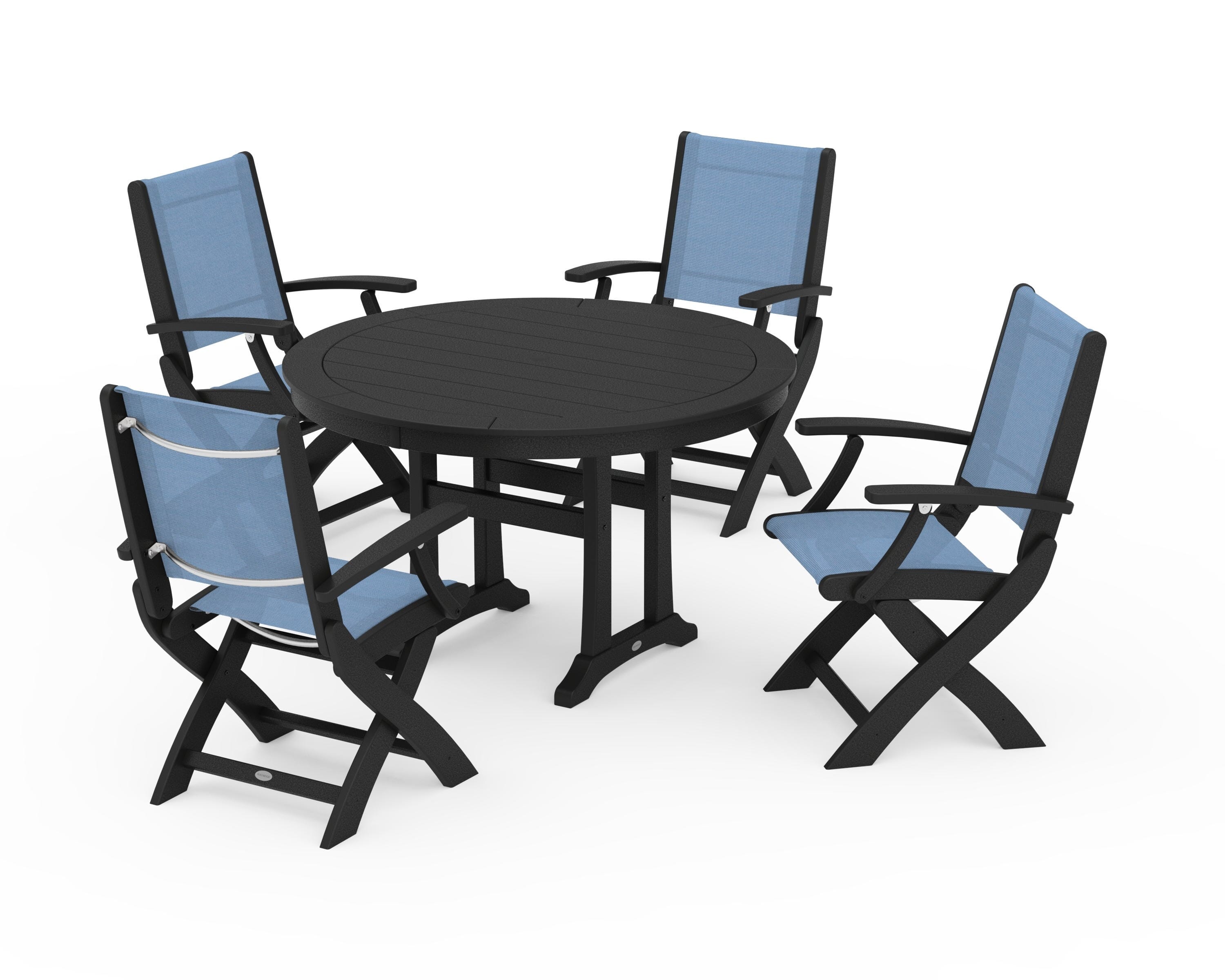 POLYWOOD® Coastal Folding Chair 5-Piece Round Dining Set with Trestle Legs in Black / Poolside Sling