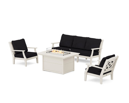 Martha Stewart by POLYWOOD® Chinoiserie Deep Seating Fire Pit Table Set in Sand / Midnight Linen