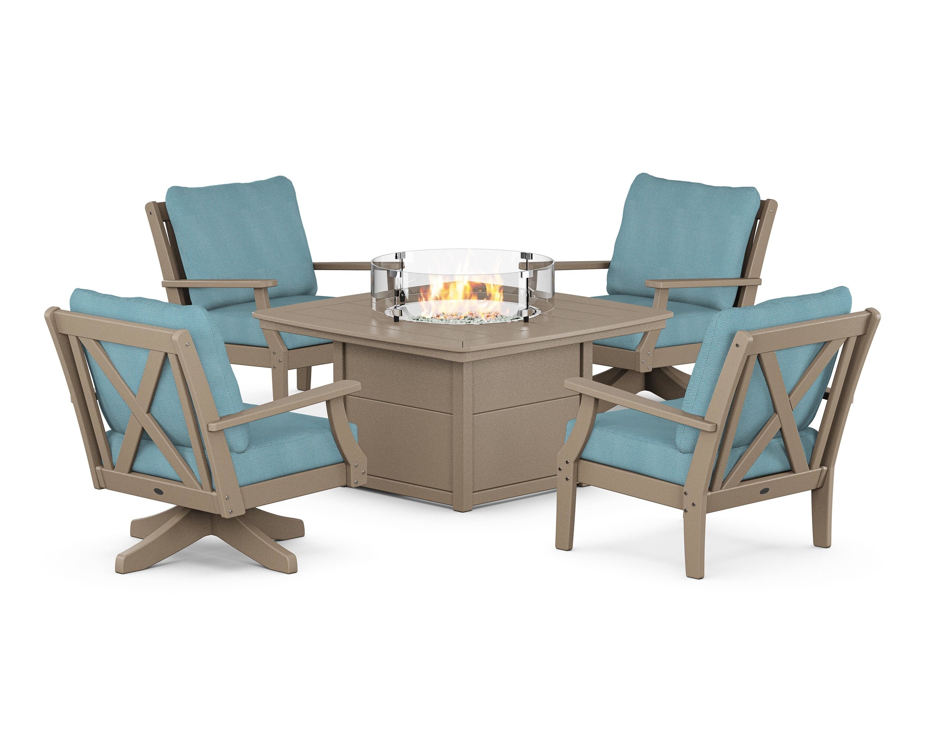 POLYWOOD® Braxton 5-Piece Deep Seating Set with Fire Table in Sand / Lattice Sky Blue