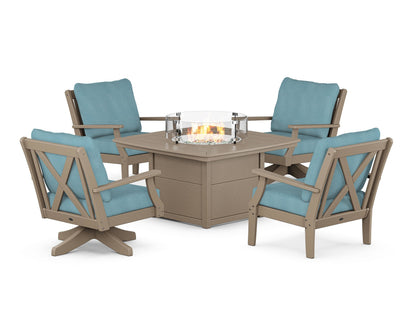 POLYWOOD® Braxton 5-Piece Deep Seating Set with Fire Table in Sand / Lattice Sky Blue