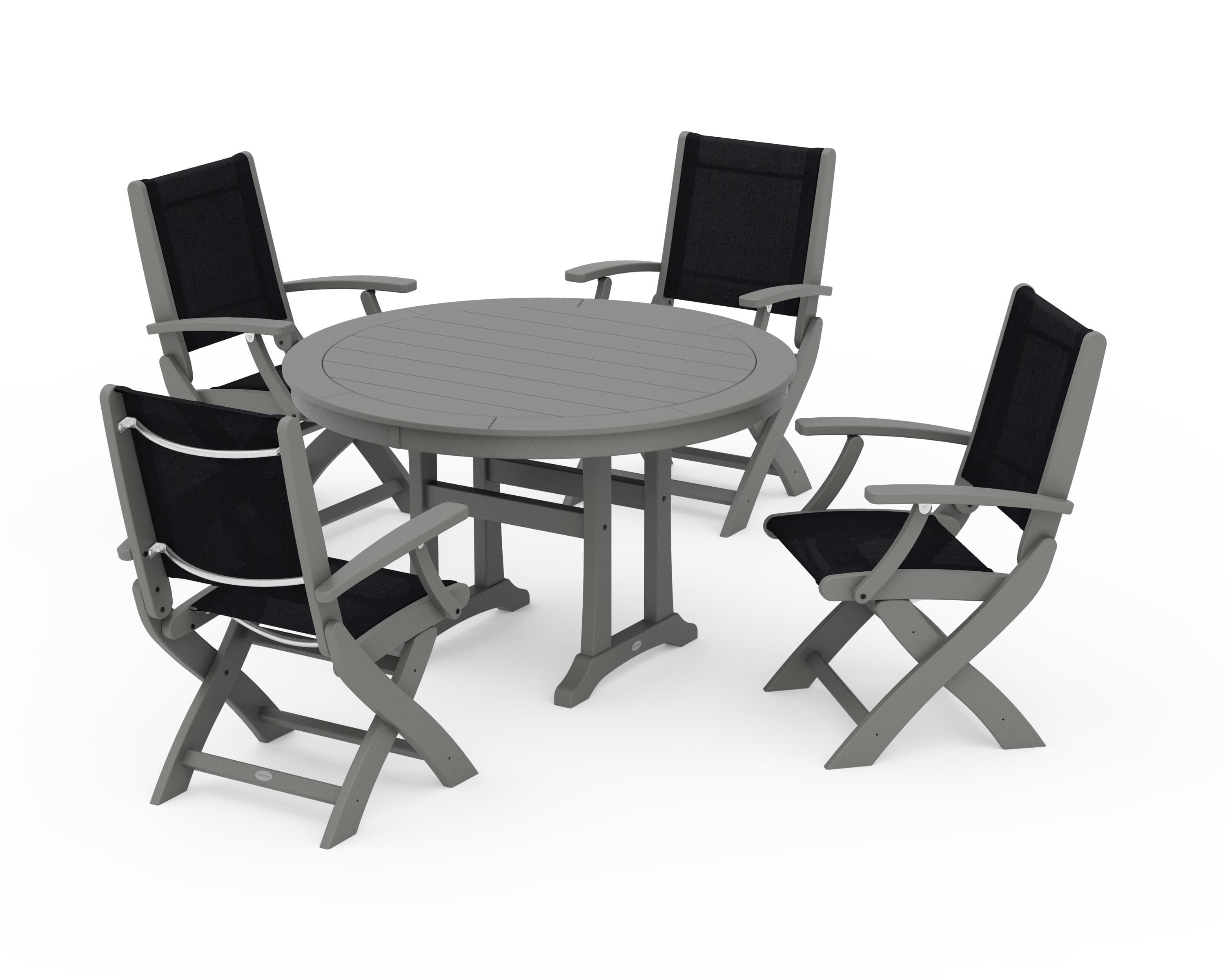POLYWOOD® Coastal Folding Chair 5-Piece Round Dining Set with Trestle Legs in Slate Grey / Black Sling