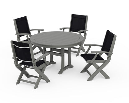 POLYWOOD® Coastal Folding Chair 5-Piece Round Dining Set with Trestle Legs in Slate Grey / Black Sling
