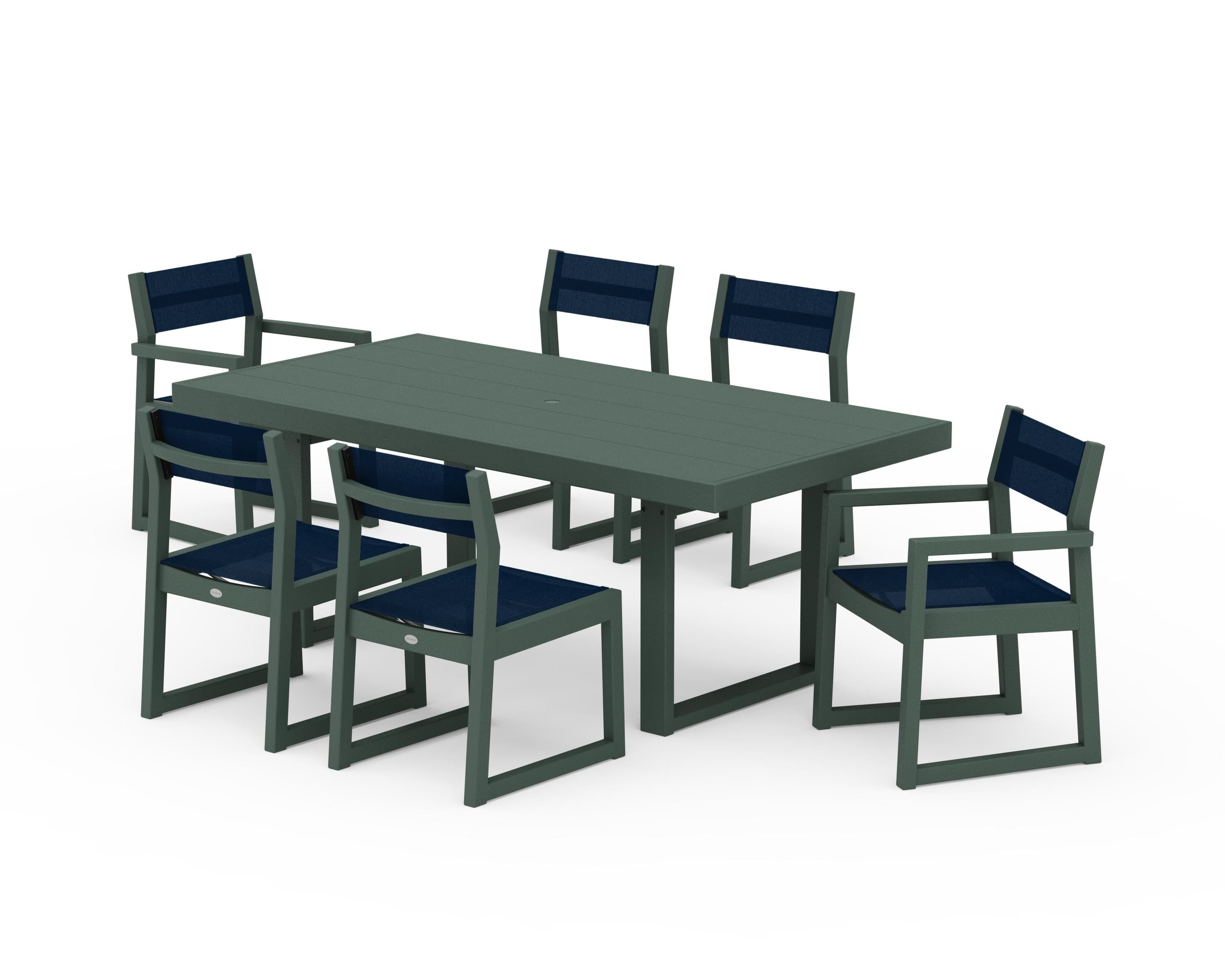 POLYWOOD® EDGE Sling 7-Piece Dining Set in Green / Navy Blue Sling