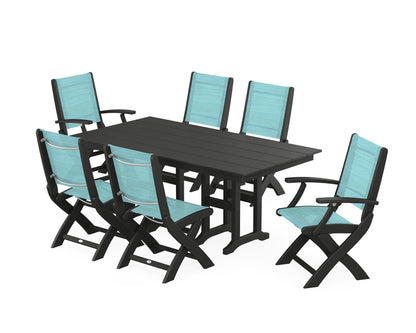 POLYWOOD® Coastal Folding Chair 7-Piece Farmhouse Dining Set in Black / Dupioni Aquamarine Sling