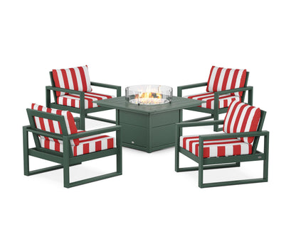POLYWOOD® EDGE Sectional 5-Piece Deep Seating Set with Fire Pit Table in Green / Cabana Stripe Crimson