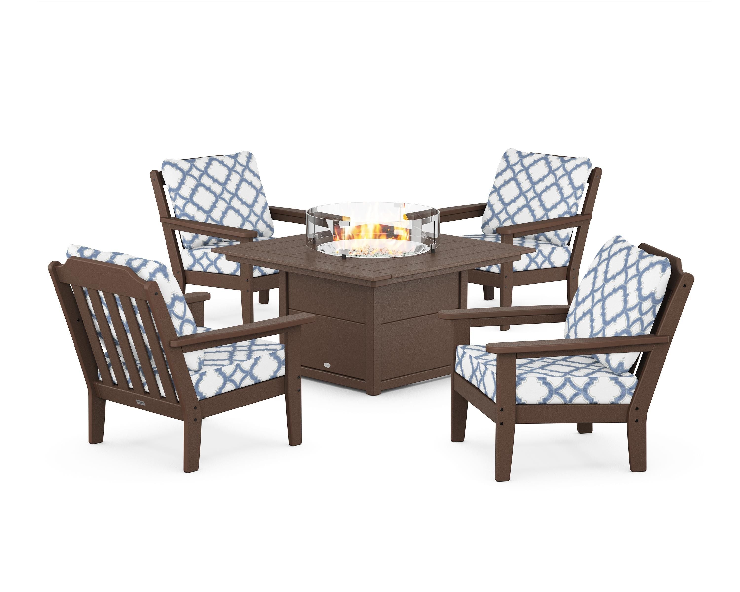 Country Living Cottage 5-Piece Deep Seating Set with Fire Pit Table in Mahogany / Trellis Sky Blue