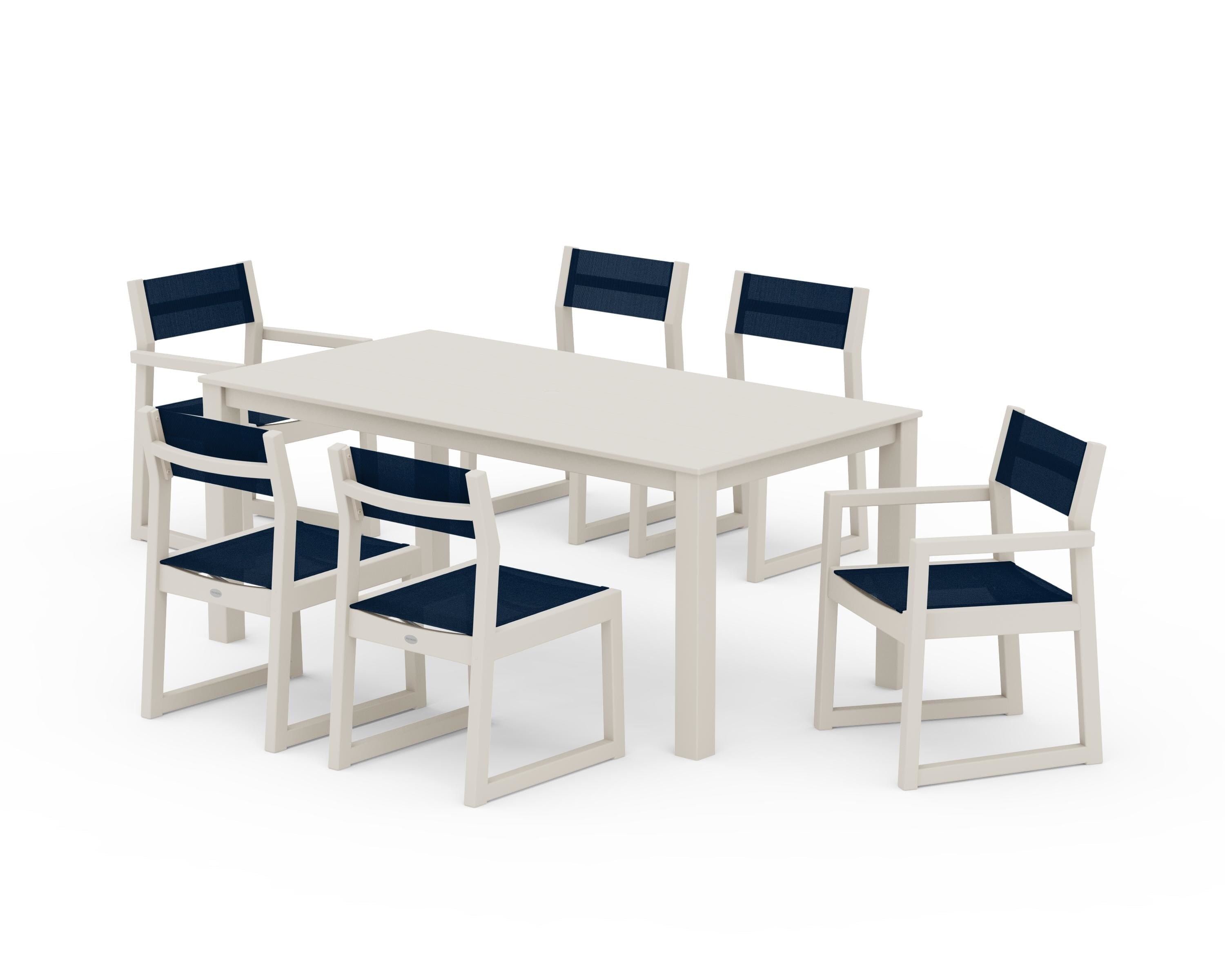 POLYWOOD® EDGE Sling 7-Piece Parsons Dining Set in Sand / Navy Blue Sling