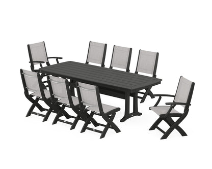 POLYWOOD® Coastal Folding 9-Piece Dining Set with Trestle Legs in Black / Parchment Sling