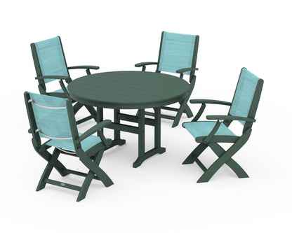 POLYWOOD® Coastal Folding Chair 5-Piece Round Dining Set in Green / Dupioni Aquamarine Sling