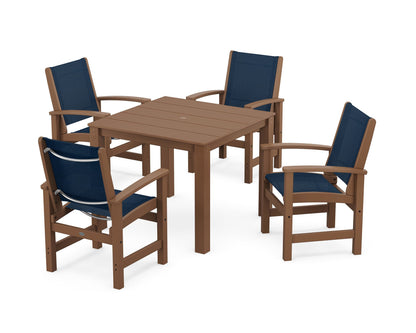 POLYWOOD® Coastal 5-Piece Parsons Dining Set in Teak / Navy Blue Sling